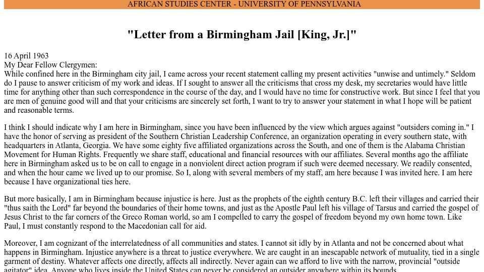 Screenshot of africa.upenn.edu: Letter from a Birmingham Jail (1963)