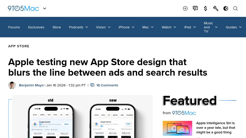 Screenshot of 9to5mac.com: Apple testing new App Store design that blurs the line between ads and results