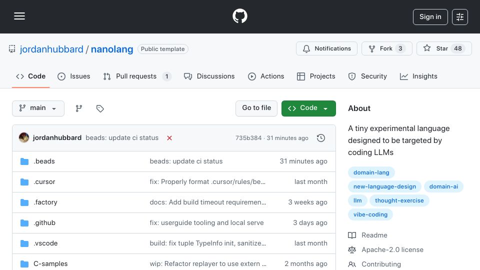 Screenshot of github.com: Nanolang: A tiny experimental language designed to be targeted by coding LLMs