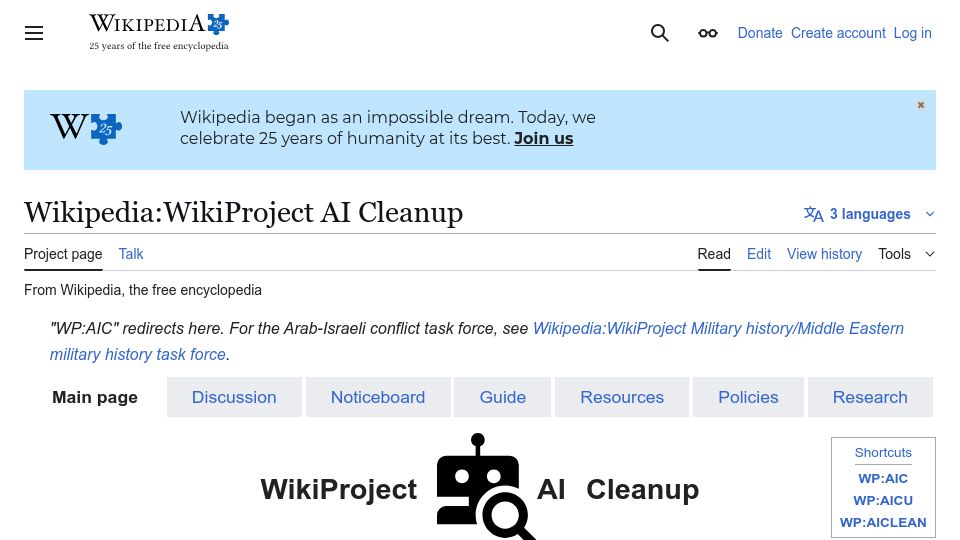 Screenshot of en.wikipedia.org: Wikipedia: WikiProject AI Cleanup