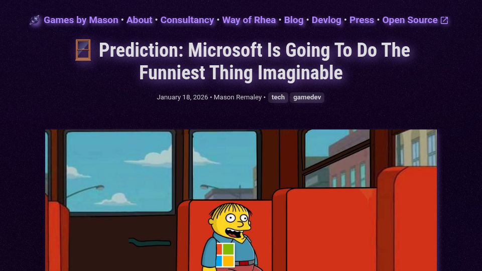Screenshot of gamesbymason.com: Prediction: Microsoft will eventually ship a Windows-themed Linux distro
