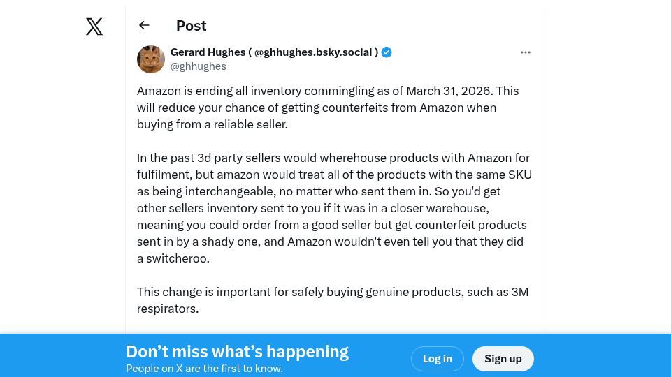 Screenshot of twitter.com: Amazon is ending all inventory commingling as of March 31, 2026