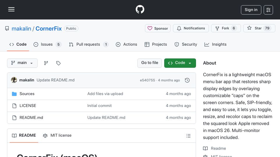 Screenshot of github.com: Fix macOS 26 (Tahoe) exaggerated rounded corners