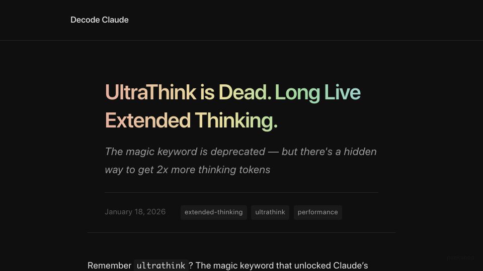 Screenshot of decodeclaude.com: Ultrathink is deprecated & How to enable 2x thinking tokens in Claude Code