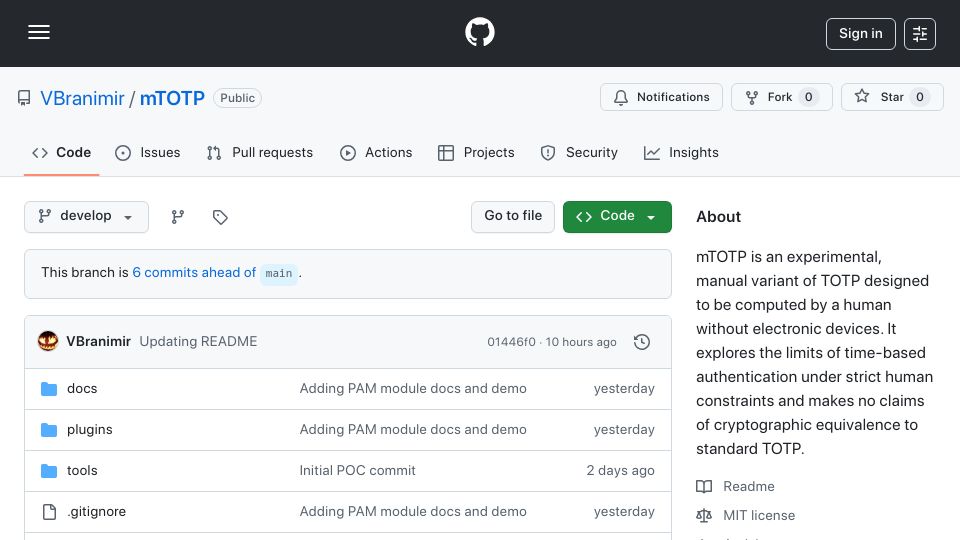 Screenshot of github.com: MTOTP: Wouldn't it be nice if you were the 2FA device?