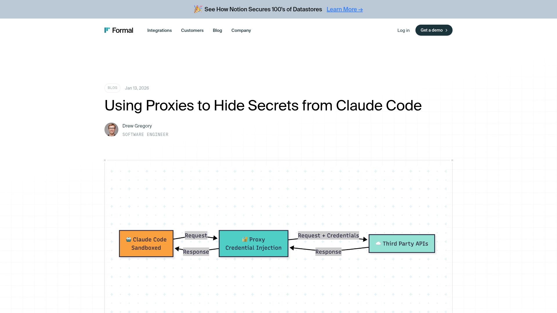 Screenshot of joinformal.com: Using proxies to hide secrets from Claude Code