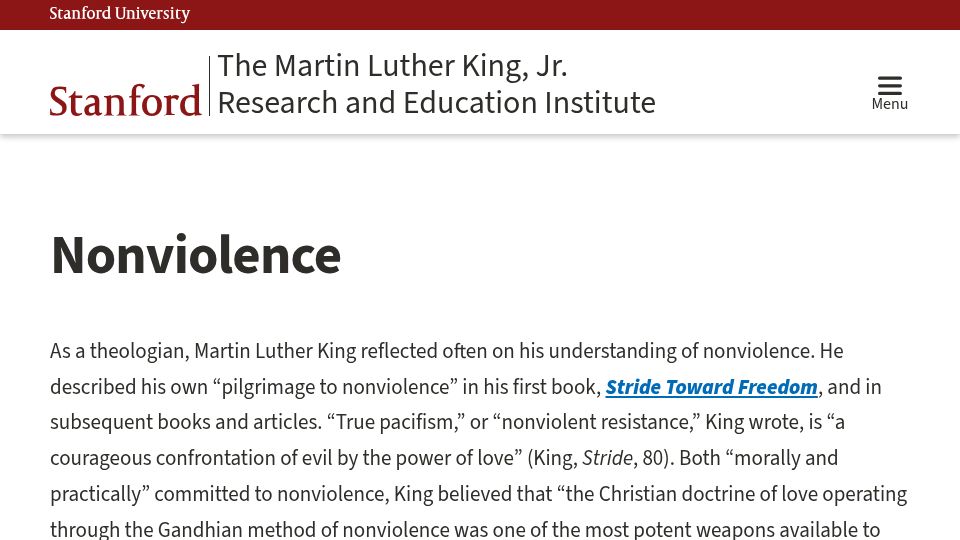 Screenshot of kinginstitute.stanford.edu: Nonviolence