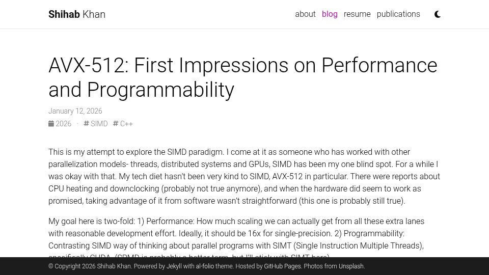 Screenshot of shihab-shahriar.github.io: AVX-512: First Impressions on Performance and Programmability
