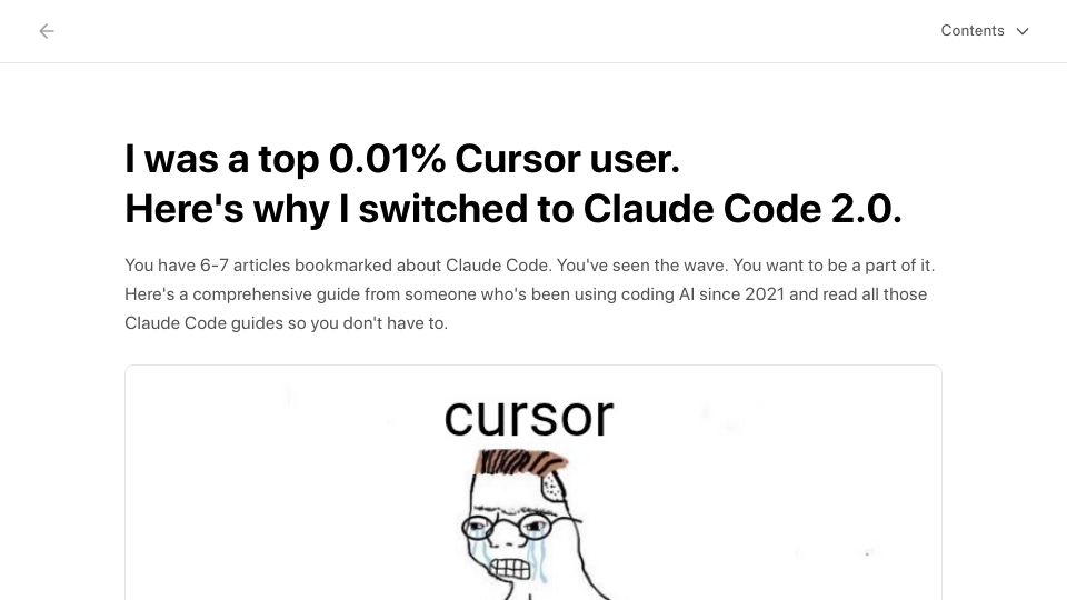 Screenshot of blog.silennai.com: I was a top 0.01% Cursor user, then switched to Claude Code 2.0