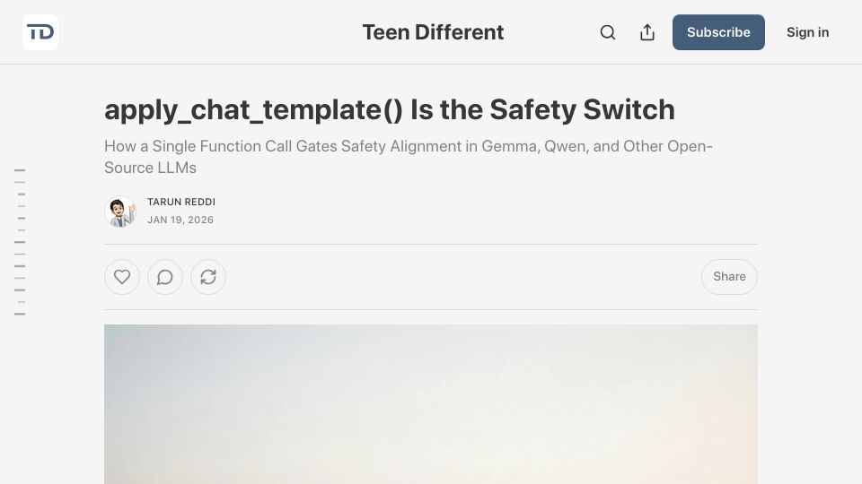 Screenshot of teendifferent.substack.com: Bypassing Gemma and Qwen safety with raw strings