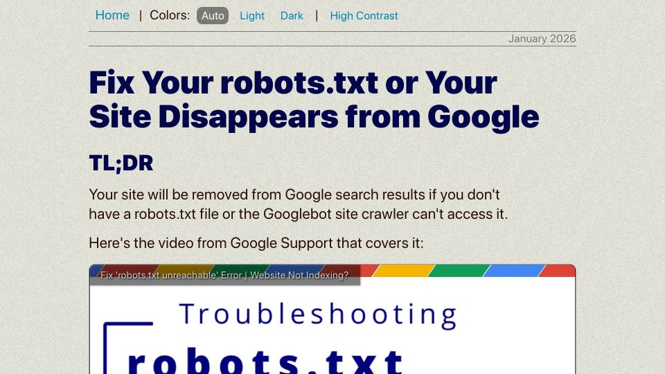 Screenshot of alanwsmith.com: Fix your robots.txt or your site disappears from Google