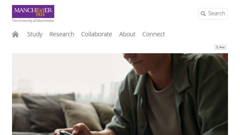 Screenshot of manchester.ac.uk: Study: Minimal evidence links social media, gaming to teen mental health issues