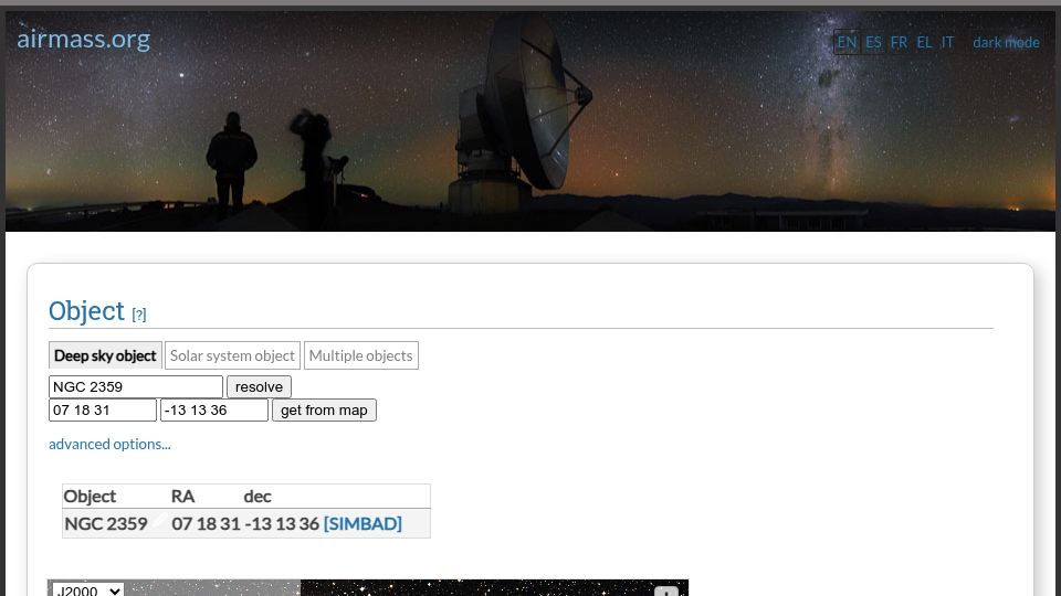 Screenshot of airmass.org: Astrophotography visibility plotting and planning tool
