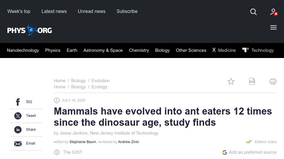 Screenshot of phys.org: Mammals have evolved into ant eaters 12 times since the dinosaur age – study (2025)