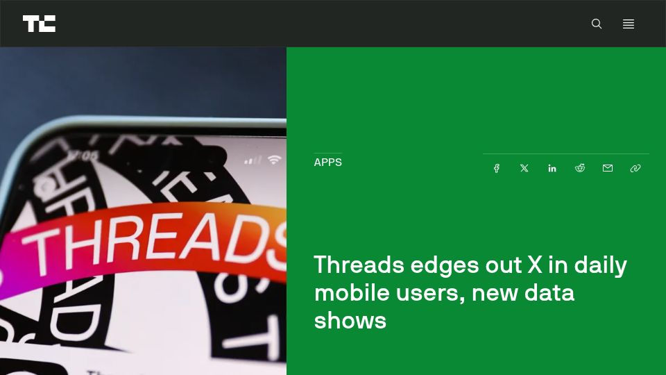 Screenshot of techcrunch.com: Threads edges out X in daily mobile users, new data shows