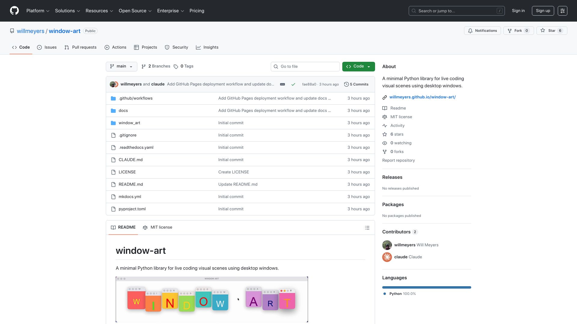 Screenshot of github.com: Show HN: A creative coding library for making art with desktop windows