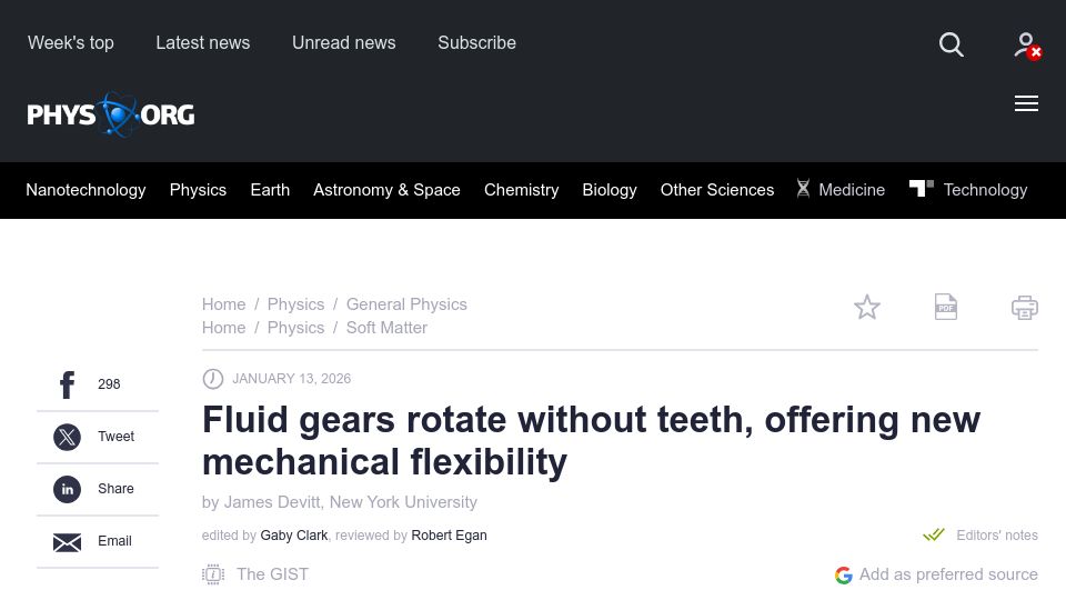 Screenshot of phys.org: Fluid Gears Rotate Without Teeth