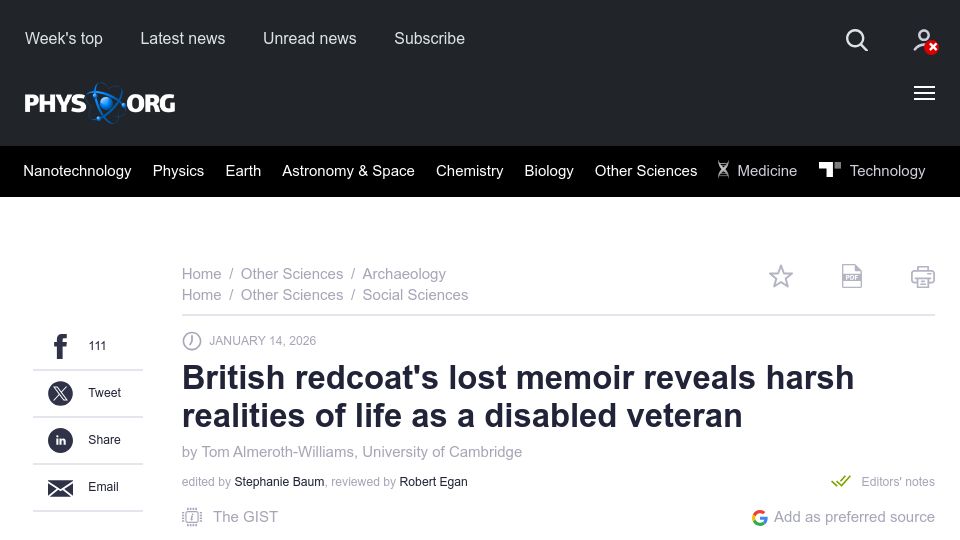 Screenshot of phys.org: British redcoat's lost memoir reveals realities of life as a disabled veteran