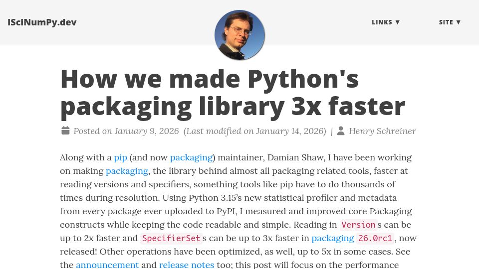 Screenshot of iscinumpy.dev: How we made Python's packaging library 3x faster