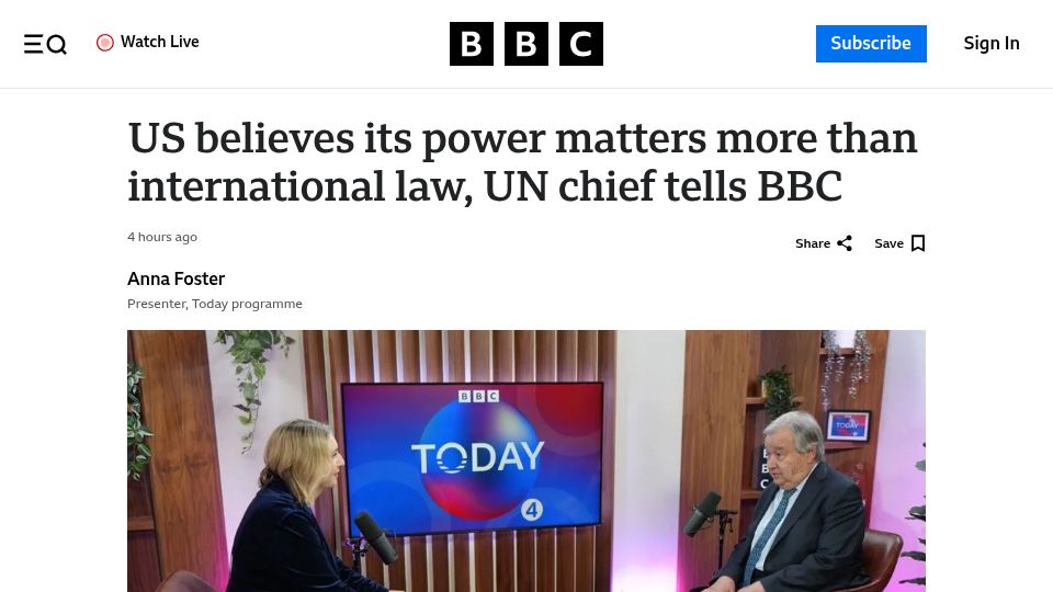 Screenshot of bbc.co.uk: US believes its power matters more than international law, UN chief