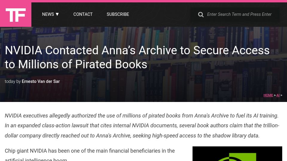 Screenshot of torrentfreak.com: Nvidia contacted Anna's Archive to access books