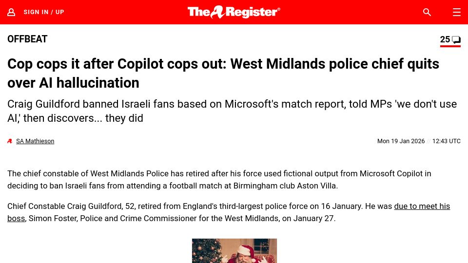 Screenshot of theregister.com: West Midlands police chief quits over AI hallucination