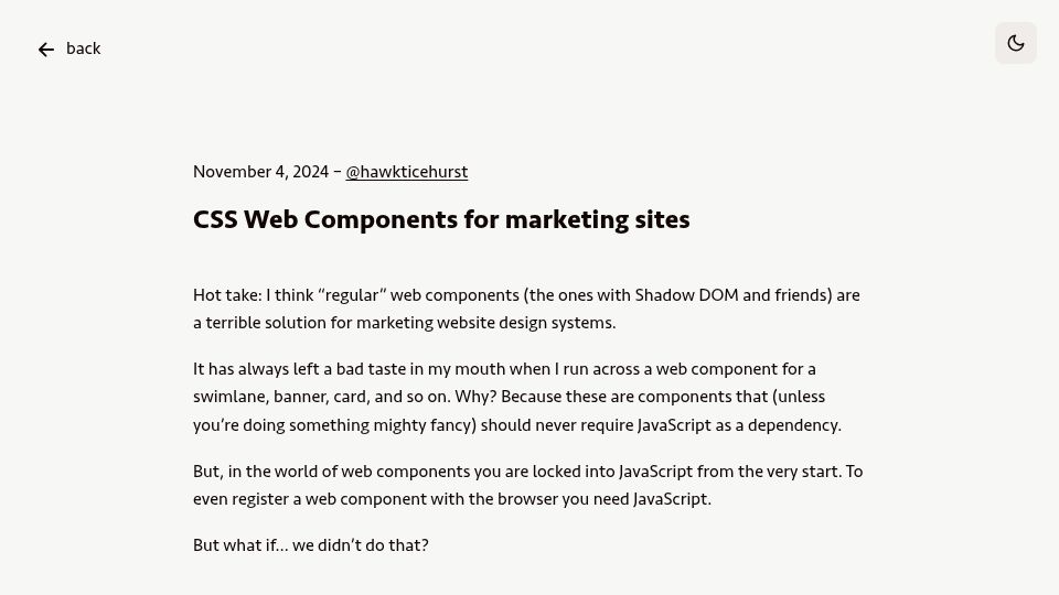 Screenshot of hawkticehurst.com: CSS Web Components for marketing sites (2024)