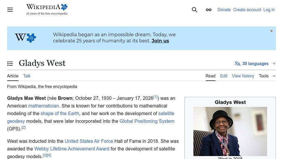 Screenshot of en.wikipedia.org: Gladys West's vital contributions to GPS technology