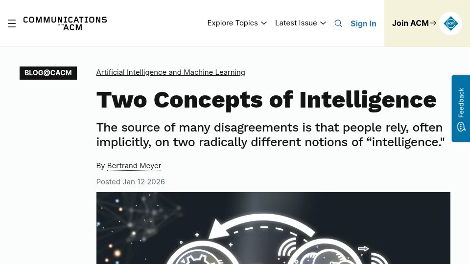 Screenshot of cacm.acm.org: Two Concepts of Intelligence