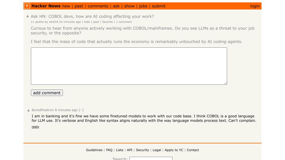 Screenshot of Hacker News post: Ask HN: COBOL devs, how are AI coding affecting your work?