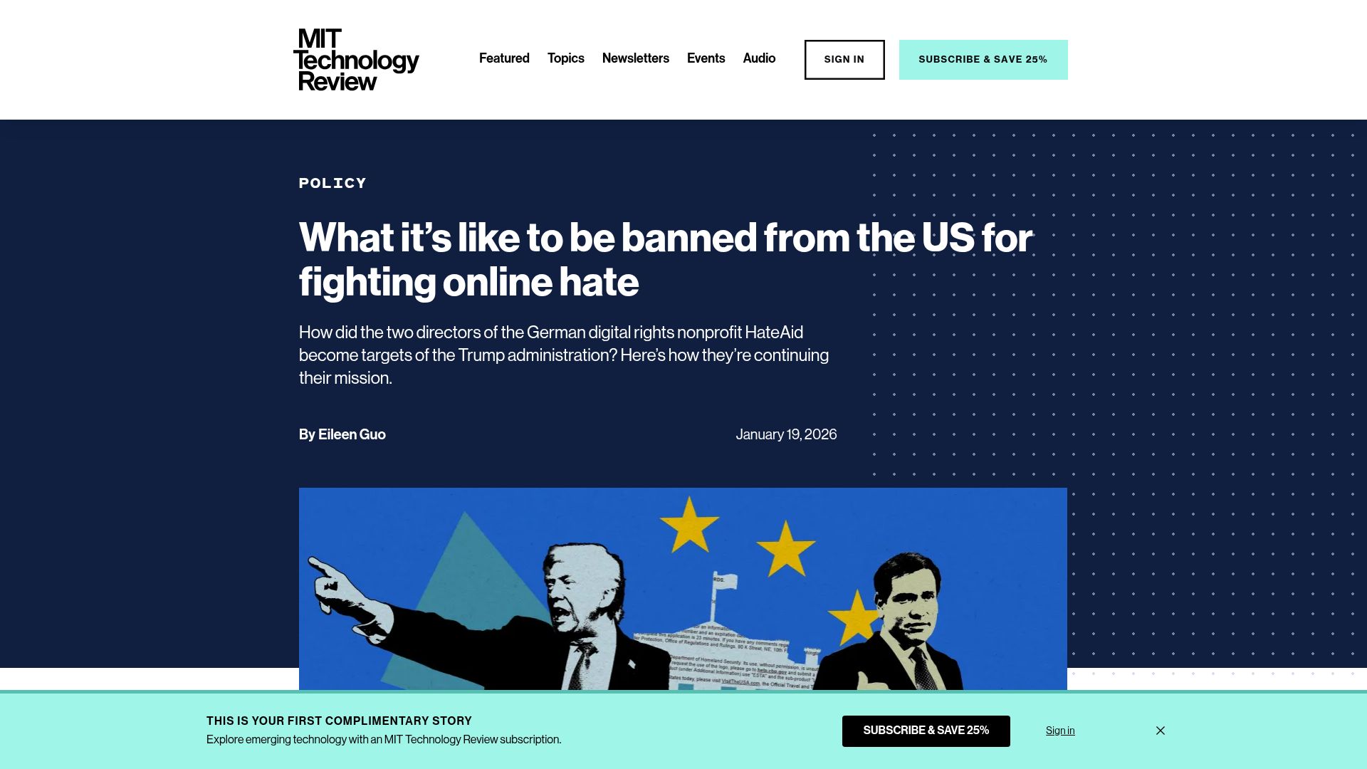 Screenshot of technologyreview.com: What it's like to be banned from the US for fighting online hate