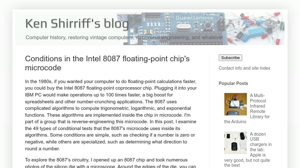 Screenshot of righto.com: Conditions in the Intel 8087 floating-point chip's microcode