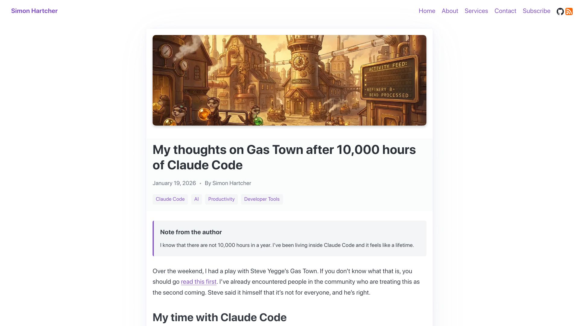 Screenshot of simonhartcher.com: My thoughts on Gas Town after 10k hours of Claude Code