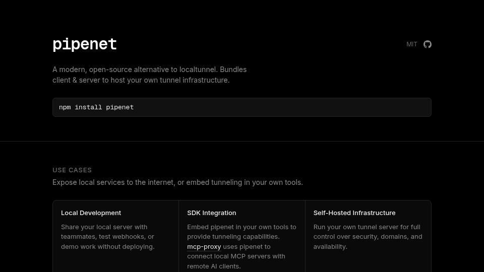 Screenshot of pipenet.dev: Show HN: Pipenet – A Modern Alternative to Localtunnel