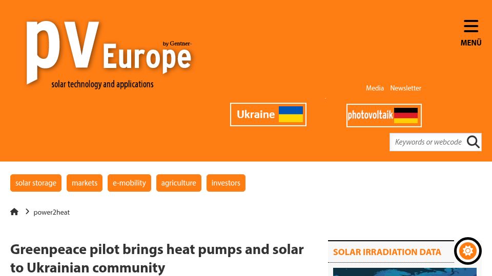 Screenshot of pveurope.eu: Greenpeace pilot brings heat pumps and solar to Ukrainian community