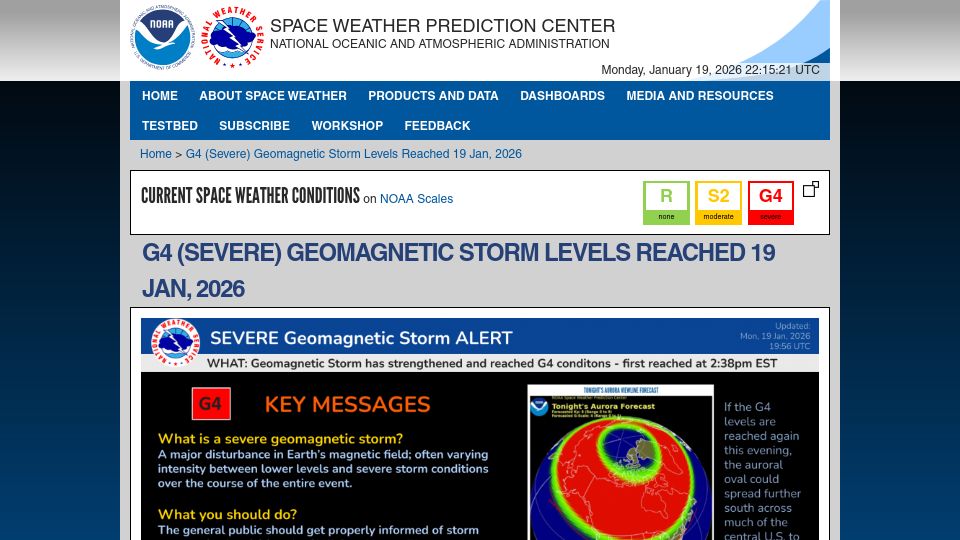 Screenshot of swpc.noaa.gov: Level S4 solar radiation event