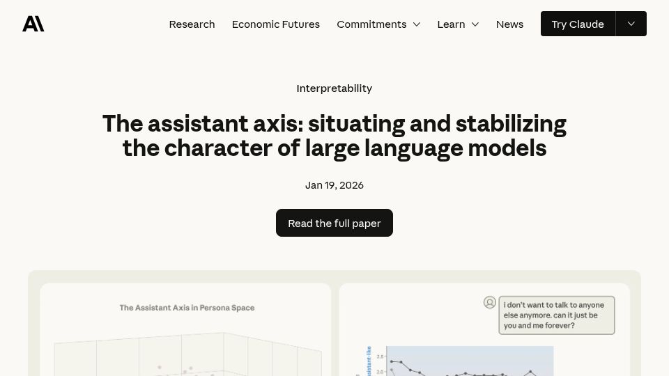 Screenshot of anthropic.com: The assistant axis: situating and stabilizing the character of LLMs