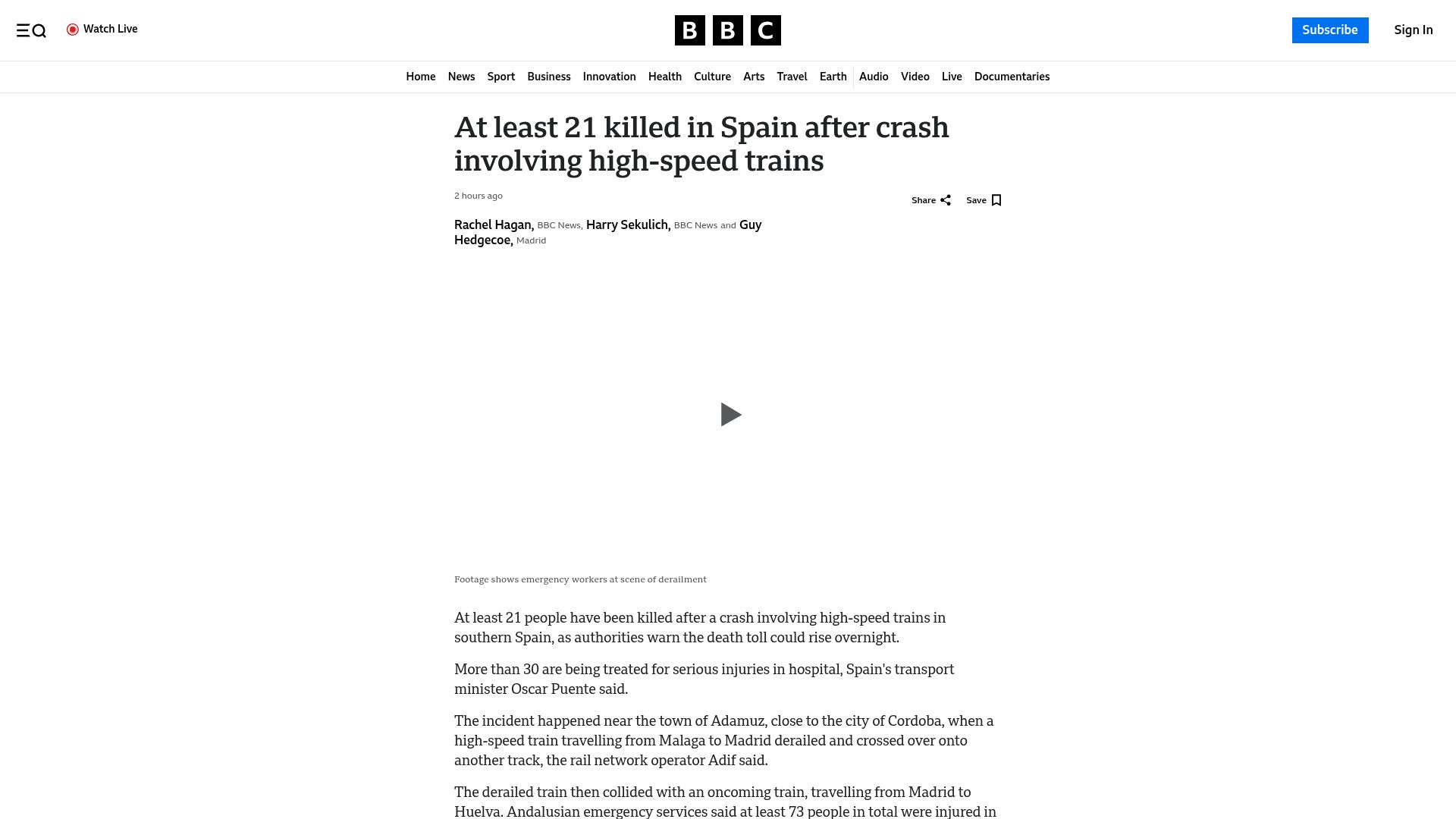 Screenshot of bbc.com: High-speed train collision in Spain kills at least 39