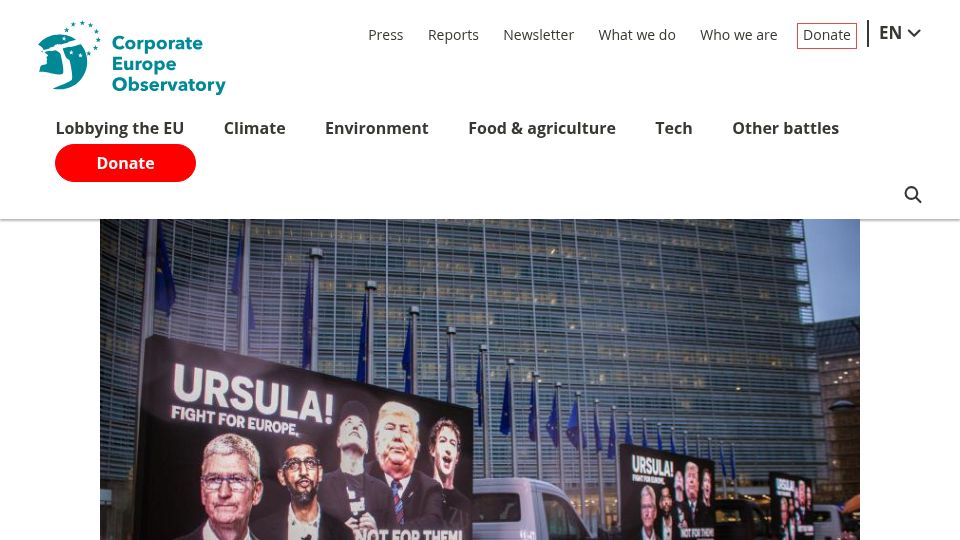 Screenshot of corporateeurope.org: Article by article, how Big Tech shaped the EU's roll-back of digital rights