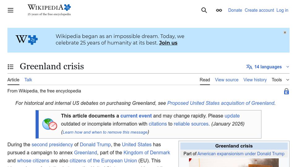 Screenshot of en.wikipedia.org: Greenland Crisis