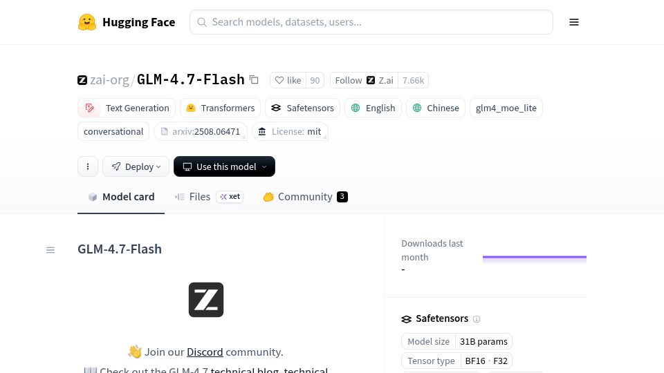 Screenshot of huggingface.co: GLM-4.7-Flash