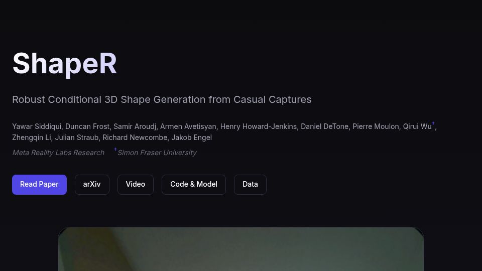 Screenshot of facebookresearch.github.io: Robust Conditional 3D Shape Generation from Casual Captures