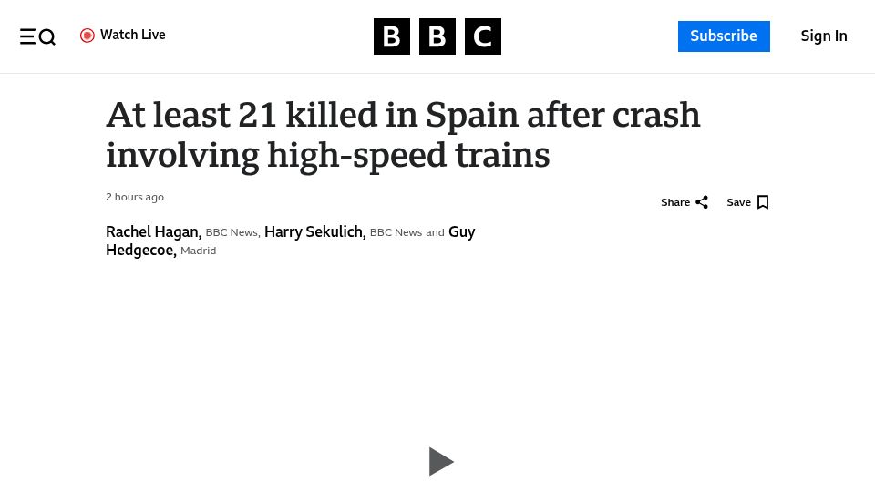 Screenshot of bbc.com: High-speed train collision in Spain kills at least 39