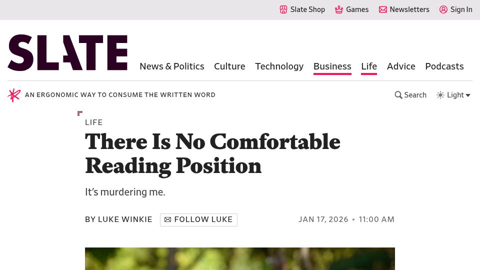Screenshot of slate.com: There Is No Comfortable Reading Position