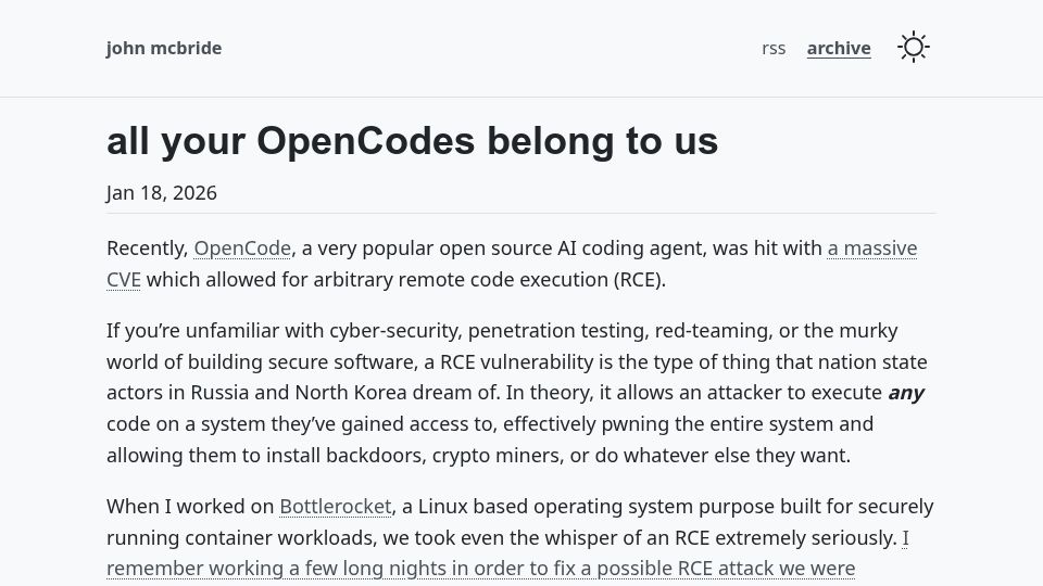 Screenshot of johncodes.com: All your OpenCodes belong to us