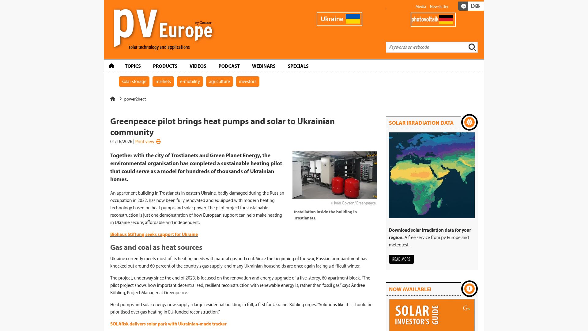 Screenshot of pveurope.eu: Greenpeace pilot brings heat pumps and solar to Ukrainian community