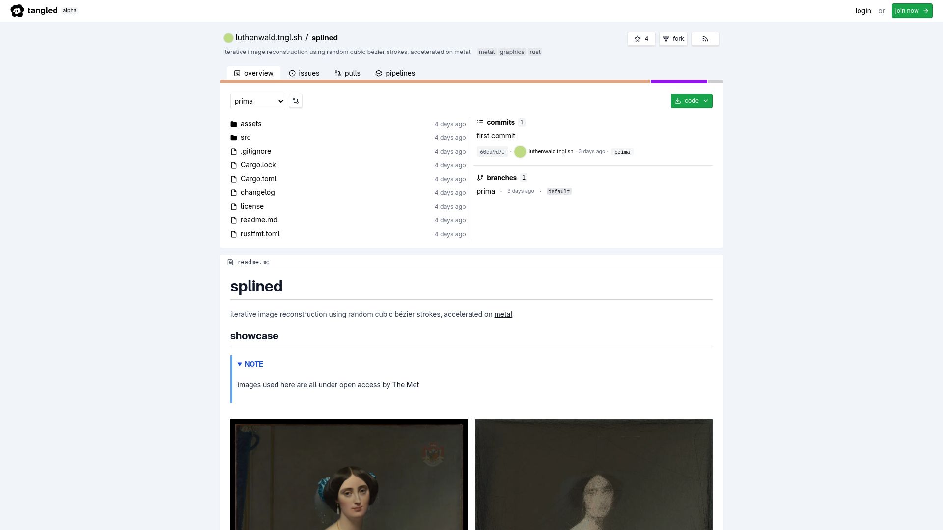 Screenshot of tangled.org: Iterative image reconstruction using random cubic bézier strokes