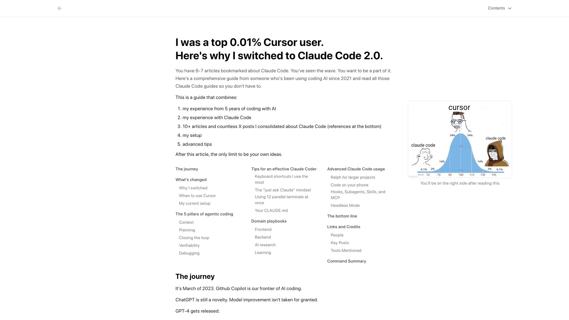 Screenshot of blog.silennai.com: I was a top 0.01% Cursor user, then switched to Claude Code 2.0