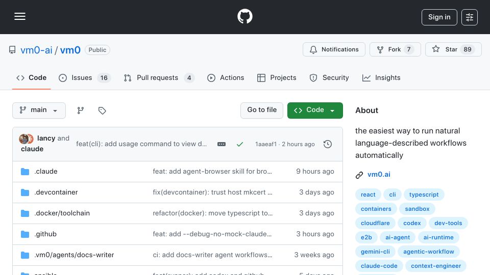 Screenshot of github.com: Vm0