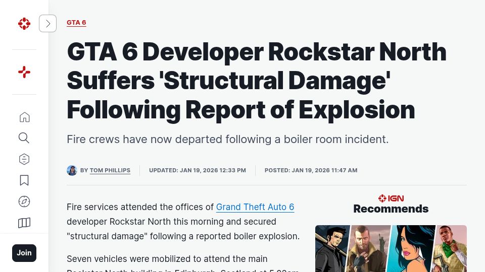 Screenshot of ign.com: Fire Shuts GTA 6 Developer Rockstar North, Following Report of Explosion